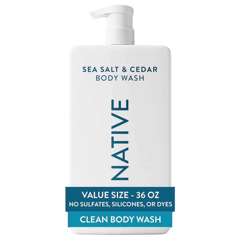 Native Clean Body Wash, Gentle & pH-balanced for Sensitive Skin, 24-Hr Freshness for Women & Men, Vegan & Cruelty-Free, Free of Sulfates, Parabens & Phthalates, Sea Salt & Cedar, 36 oz