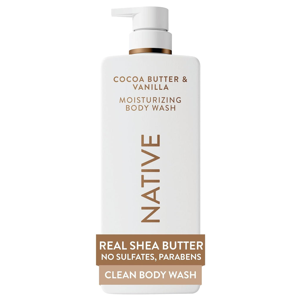 Native Moisturizing Body Wash, Clean & Gentle 24-Hour Hydration with Shea Butter, for Sensitive and Dry Skin, for Women & Men, Sulfate-free, Paraben-free, Cocoa Butter & Vanilla, 22 fl oz