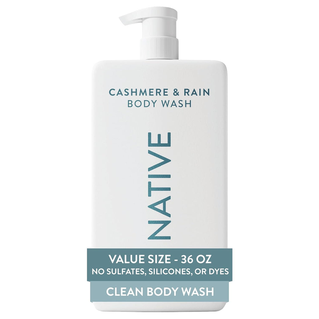 Native Clean Body Wash, Gentle & pH-balanced for Sensitive Skin, 24-Hr Freshness for Women & Men, Vegan & Cruelty-Free, Free of Sulfates, Parabens & Phthalates, Cashmere & Rain, 36 oz