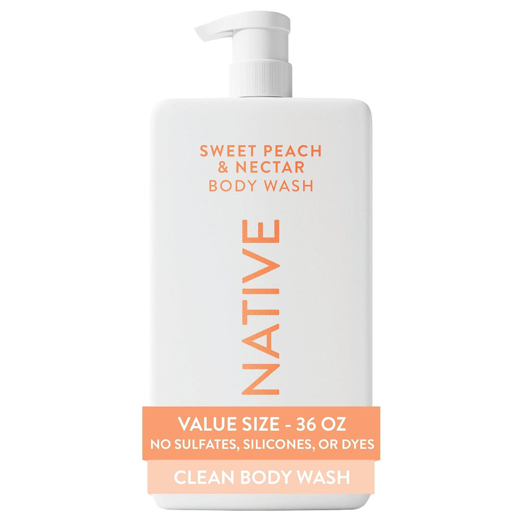 Native Clean Body Wash, Gentle & pH-balanced for Sensitive Skin, 24-Hr Freshness for Women & Men, Vegan & Cruelty-Free, Free of Sulfates, Parabens & Phthalates, Sweet Peach & Nectar, 36 oz