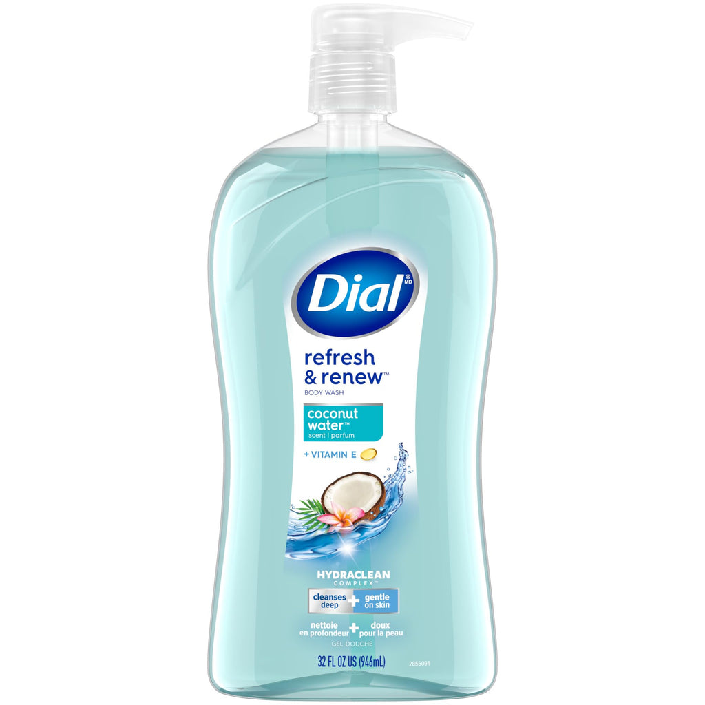 Dial Body Wash, Refresh & Renew Coconut Water, 32 Fl Oz, Hydraclean Complex & Vitamin E, Gentle, Leaves Skin Feeling Nourished, Dermatologist-Tested, No Parabens & Sulfates