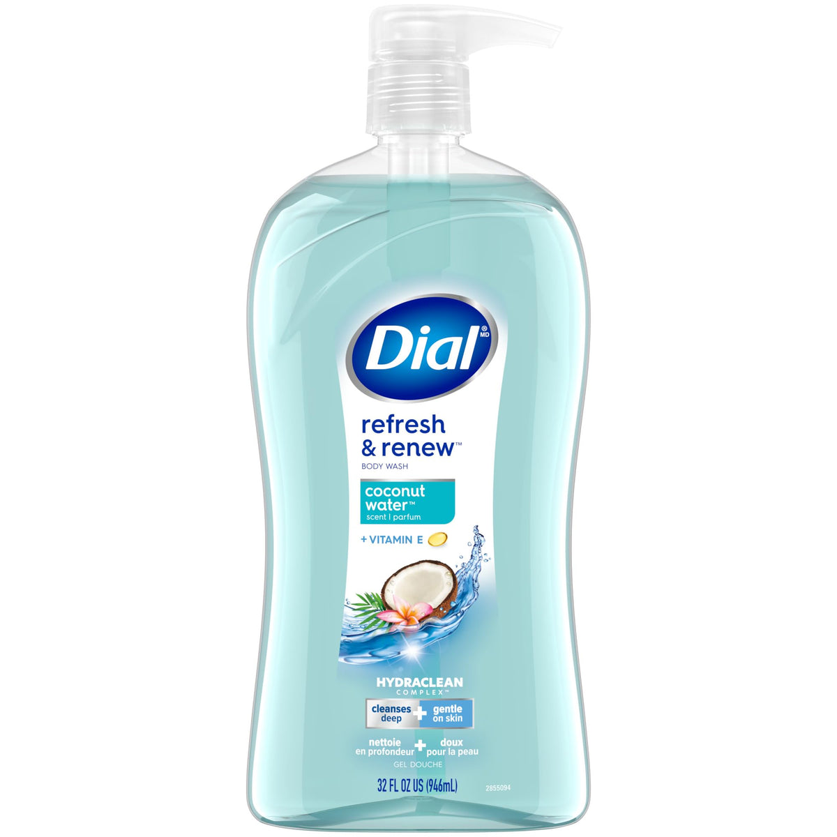 Dial Body Wash, Refresh & Renew Coconut Water, 32 Fl Oz, Hydraclean Complex & Vitamin E, Gentle, Leaves Skin Feeling Nourished, Dermatologist-Tested, No Parabens & Sulfates