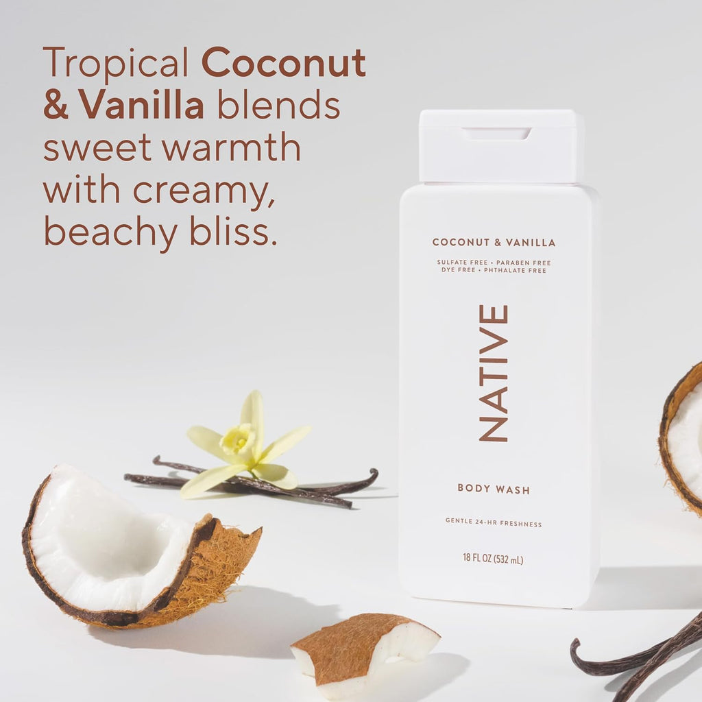 Native Clean Body Wash, Gentle & pH-balanced for Sensitive Skin, 24-Hr Freshness for Women & Men, Vegan & Cruelty-Free, Free of Sulfates, Parabens & Phthalates, Coconut & Vanilla, 18fl oz
