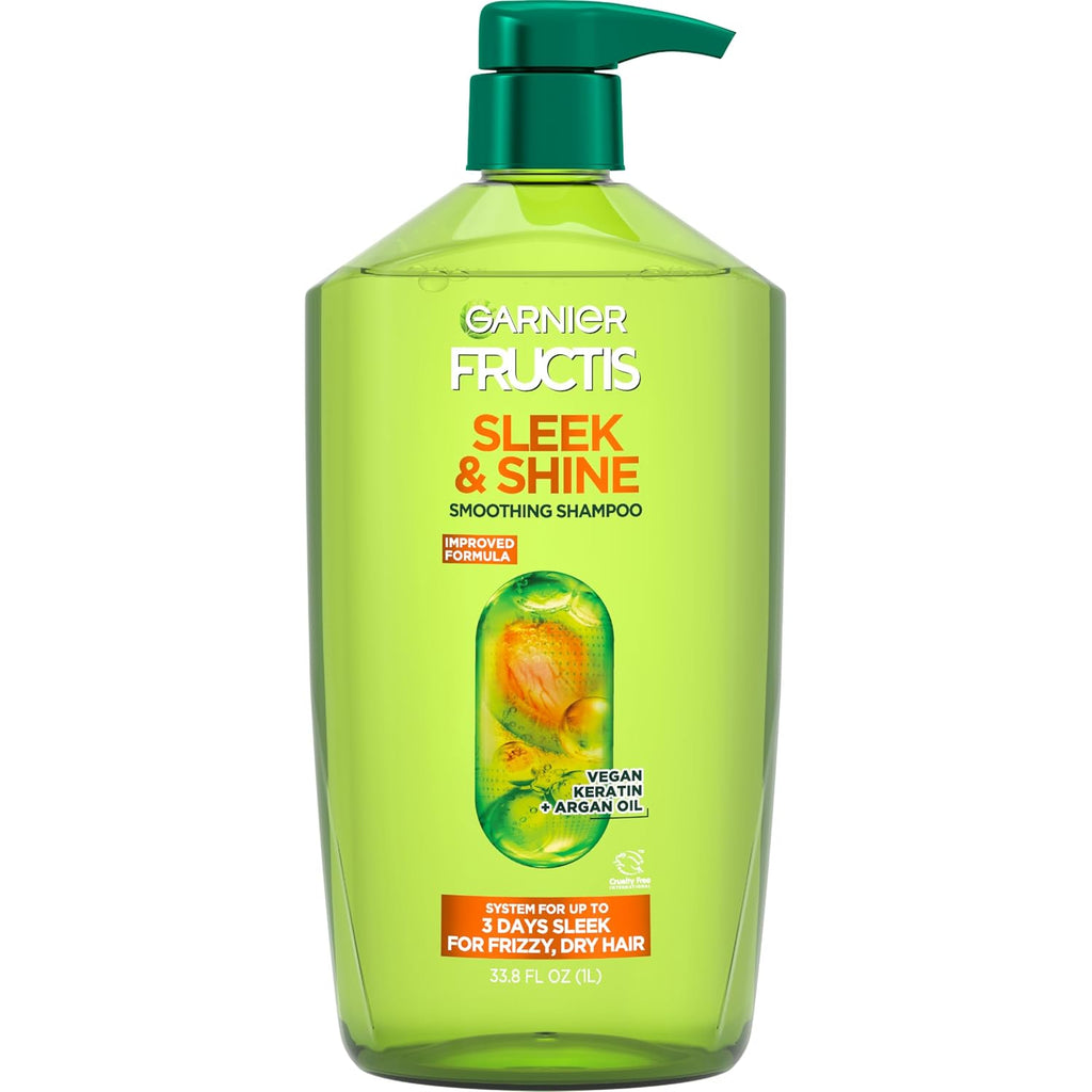 Garnier Fructis Sleek & Shine Shampoo, Smoothing Shampoo for Frizzy, Dry Hair with Argan Oil and Vegan Keratin, 33.8 Fl Oz (Packaging May Vary)