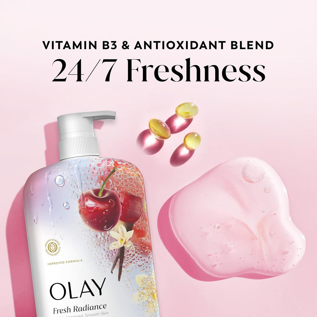 Olay Body Wash for Women, Fresh Radiance, 24/7 Skin-Loving Freshness, Visibly Radiant, Plant Based Cleansers, Vitamin B3 & Antioxidant Blend, For All Skin Types, Black Cherry & Vanilla Scent, 29 fl oz