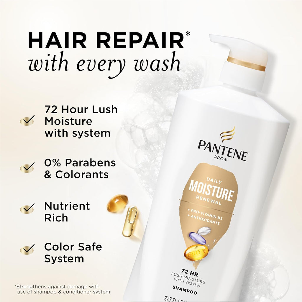 Pantene Shampoo, Daily Moisture Renewal - Pro-V Nutrients for Dry, Color-Treated, Straight to Curly Hair, 72-Hour Hydration & Softness, Paraben Free, Cleanses, Strengthens Bonds, 27.7 Fl Oz