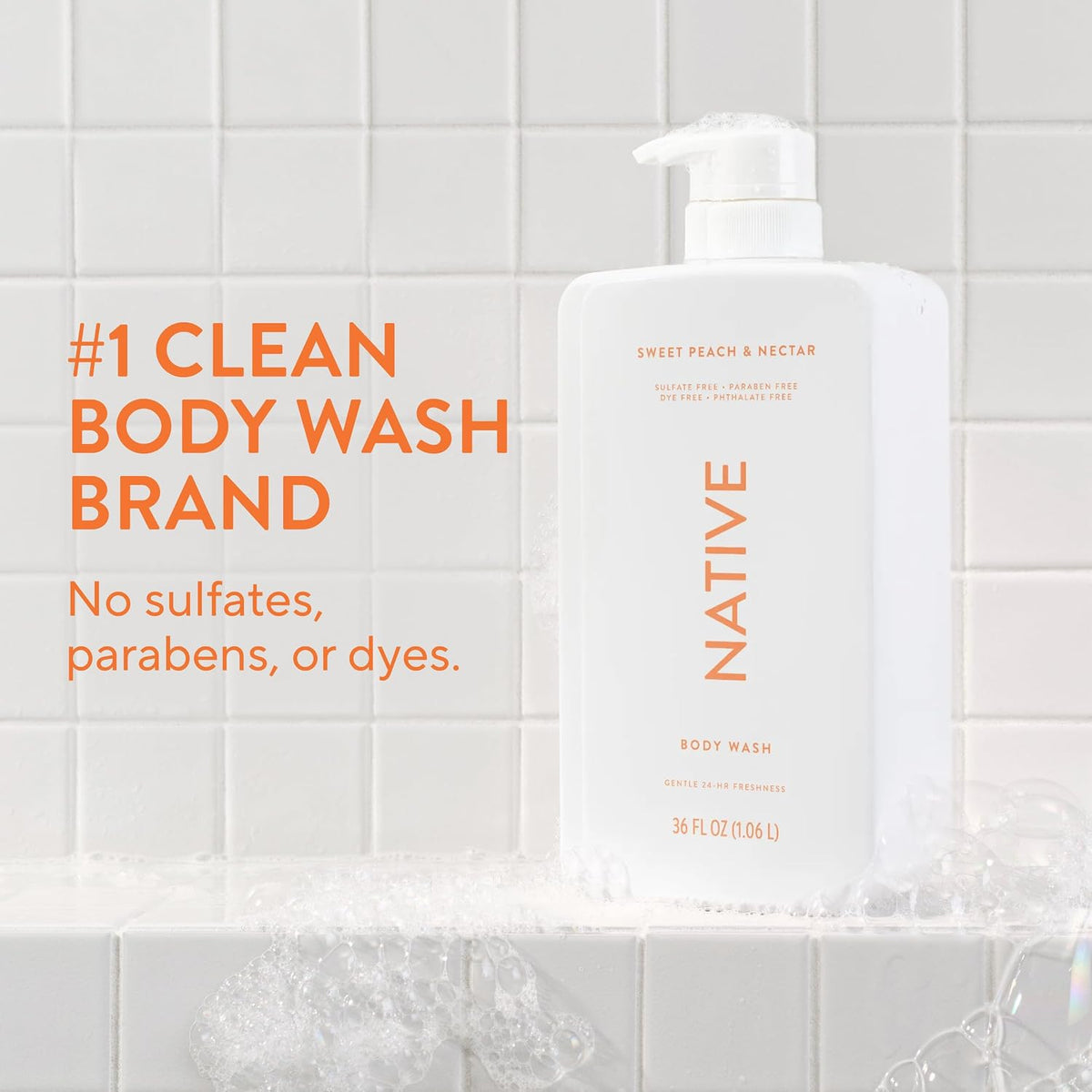 Native Clean Body Wash, Gentle & pH-balanced for Sensitive Skin, 24-Hr Freshness for Women & Men, Vegan & Cruelty-Free, Free of Sulfates, Parabens & Phthalates, Sweet Peach & Nectar, 36 oz