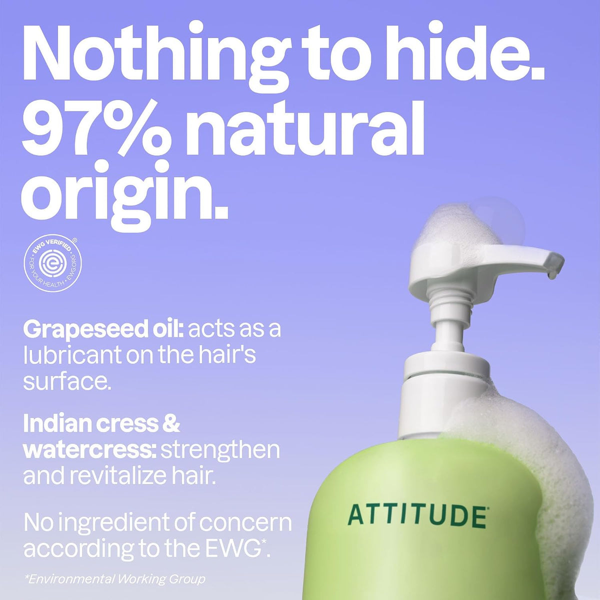 ATTITUDE Nourishing Hair Shampoo, EWG Verified, For Dry and Damaged Hair, Naturally Derived Ingredients, Vegan and Plant Based, Grapeseed Oil and Olive Leaves, 32 Fl Oz