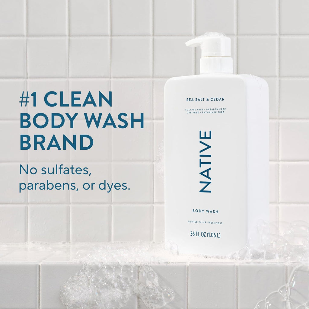 Native Clean Body Wash, Gentle & pH-balanced for Sensitive Skin, 24-Hr Freshness for Women & Men, Vegan & Cruelty-Free, Free of Sulfates, Parabens & Phthalates, Sea Salt & Cedar, 36 oz