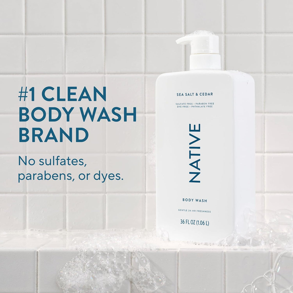 Native Clean Body Wash, Gentle & pH-balanced for Sensitive Skin, 24-Hr Freshness for Women & Men, Vegan & Cruelty-Free, Free of Sulfates, Parabens & Phthalates, Sea Salt & Cedar, 36 oz
