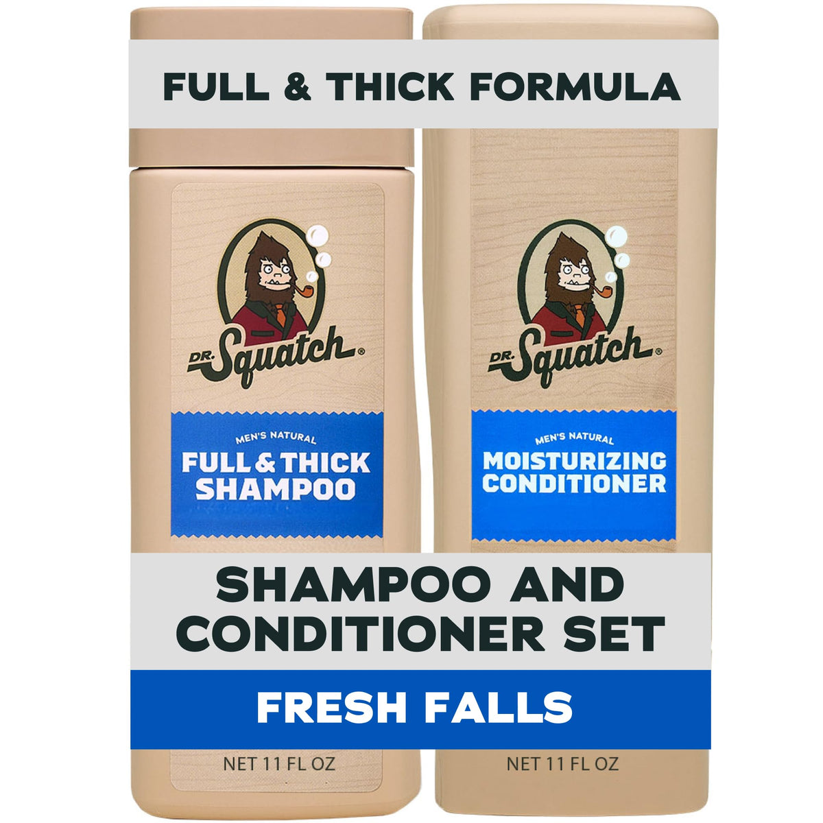 Dr. Squatch Full + Thick Men's Shampoo and Conditioner Set - For Fuller, Thicker-Looking Hair - Natural Shampoo and Conditioner for Men - Fresh Falls (11 fl oz, 2-Pack)