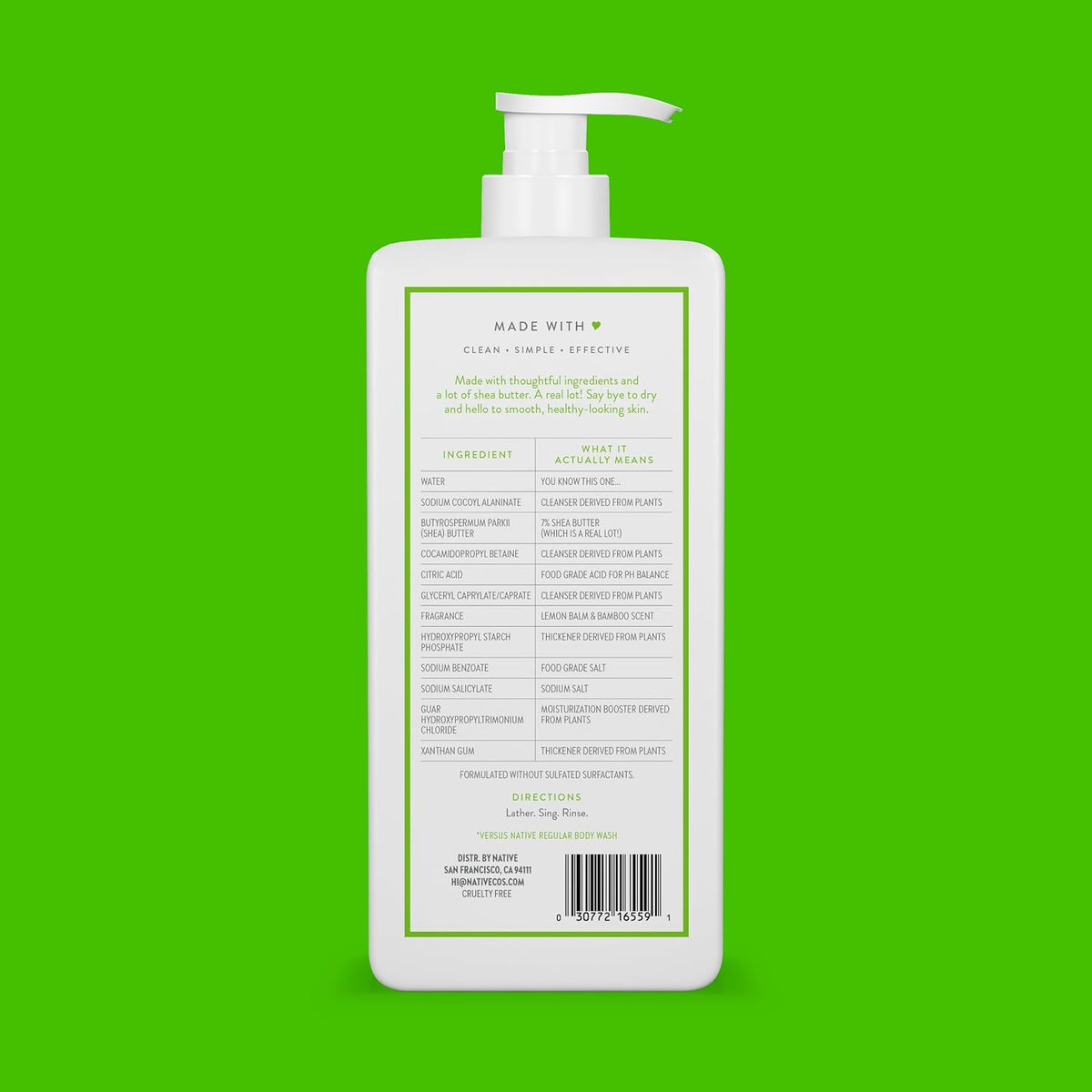 Native Moisturizing Body Wash Contains Naturally Derived Ingredients | For Women & Men, Sulfate, Paraben, & Dye Free Leaving Skin Soft and Hydrated | Lemon Balm & Bamboo 18 oz