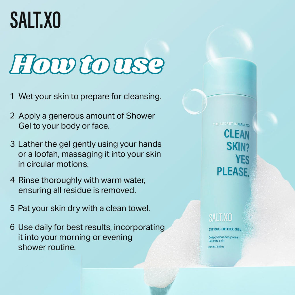 salt.xo Citrus Detox Gel Shower Gel, Deep Cleansing Body and Face Cleanser, pH Balancing Shower Gel for Fight Acne, Unclog Pores, Cruelty and Paraben-Free Body Wash Gel (8 Fl Oz)
