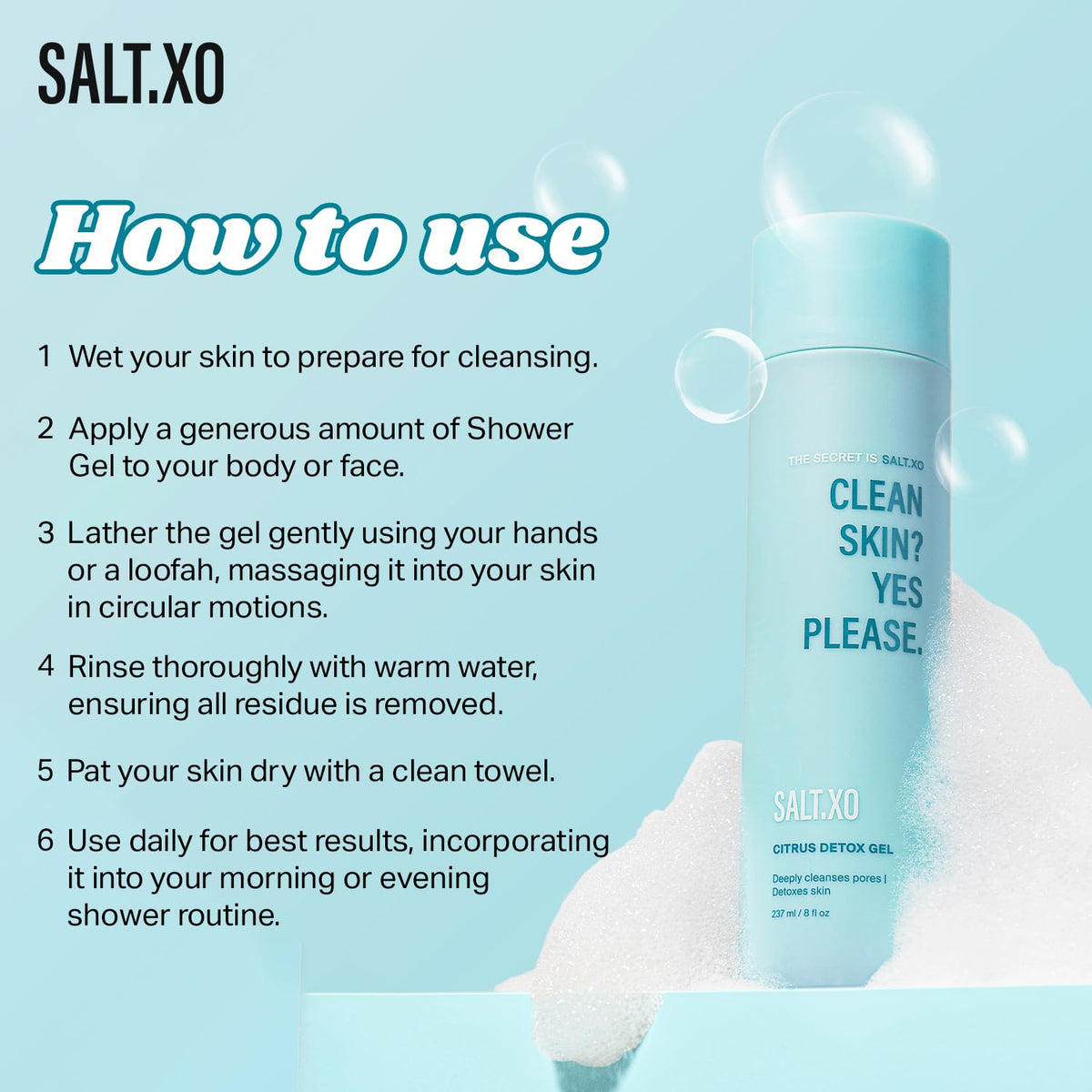 salt.xo Citrus Detox Gel Shower Gel, Deep Cleansing Body and Face Cleanser, pH Balancing Shower Gel for Fight Acne, Unclog Pores, Cruelty and Paraben-Free Body Wash Gel (8 Fl Oz)