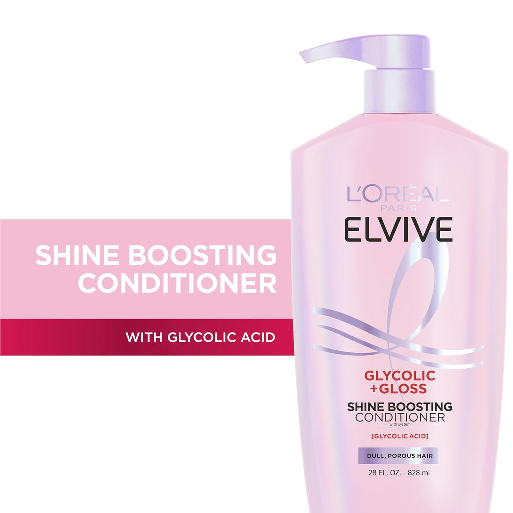 L'Oreal Paris Elvive Glycolic + Gloss Shine Boosting Conditioner, Cleanses and Smooths Dull, Porous Hair Into High-Shine, Glossy Hair, 28 Fl Oz
