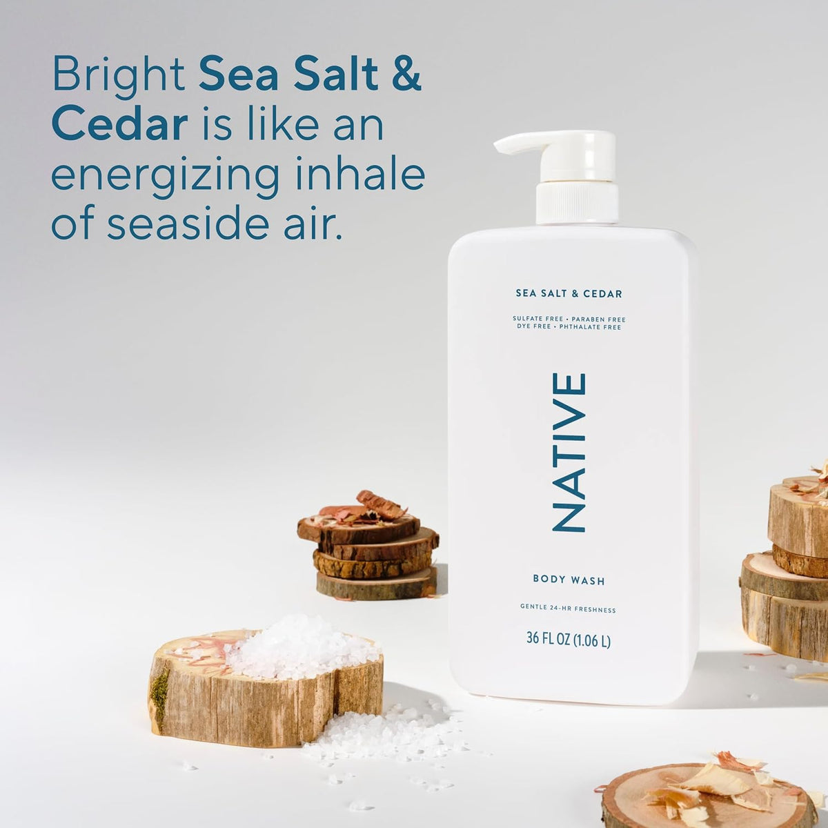 Native Clean Body Wash, Gentle & pH-balanced for Sensitive Skin, 24-Hr Freshness for Women & Men, Vegan & Cruelty-Free, Free of Sulfates, Parabens & Phthalates, Sea Salt & Cedar, 36 oz