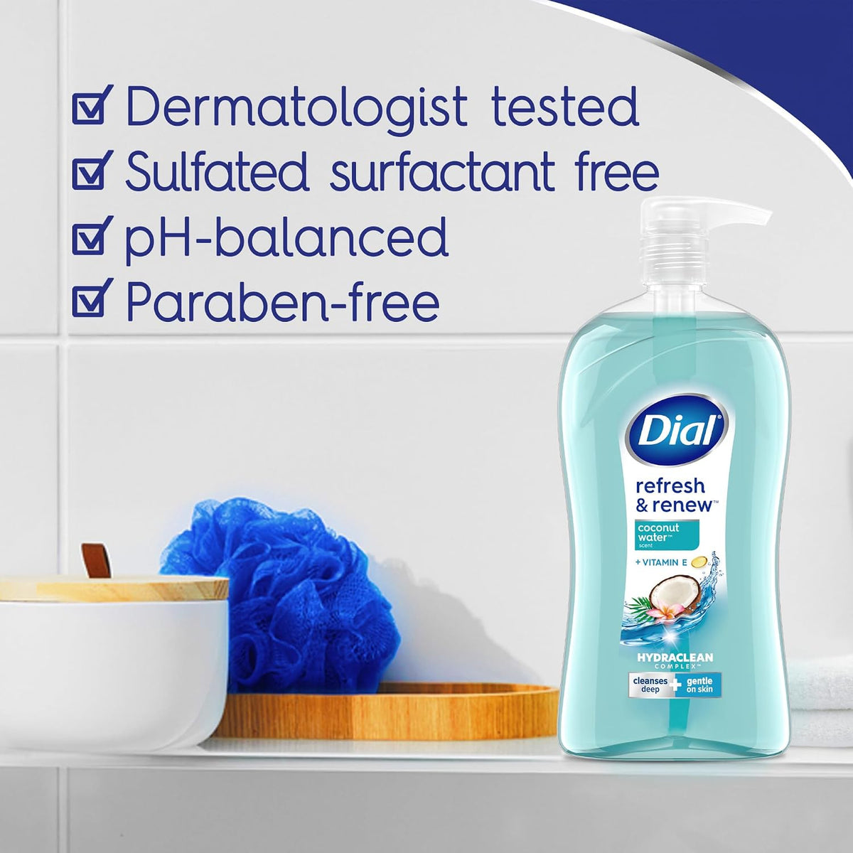Dial Body Wash, Refresh & Renew Coconut Water, 32 Fl Oz, Hydraclean Complex & Vitamin E, Gentle, Leaves Skin Feeling Nourished, Dermatologist-Tested, No Parabens & Sulfates