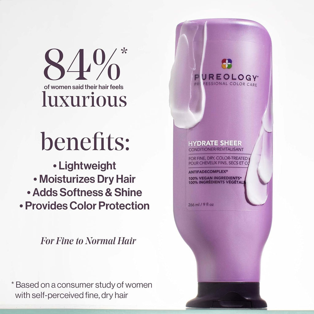 Pureology Hydrate Sheer Conditioner - Lightweight Hydrating Conditioner For Fine or Dry Color-Treated Hair, Silicone-Free & Vegan