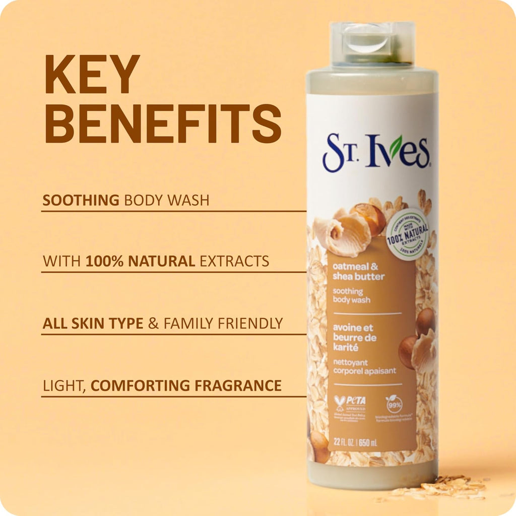 St. Ives Oatmeal & Shea Butter Body Wash, Soothing Body Care with 100% Natural Extracts, Moisturizing Body Soap, Daily Shower Gel Cleanser with Comforting Warm Fragrance, 22oz