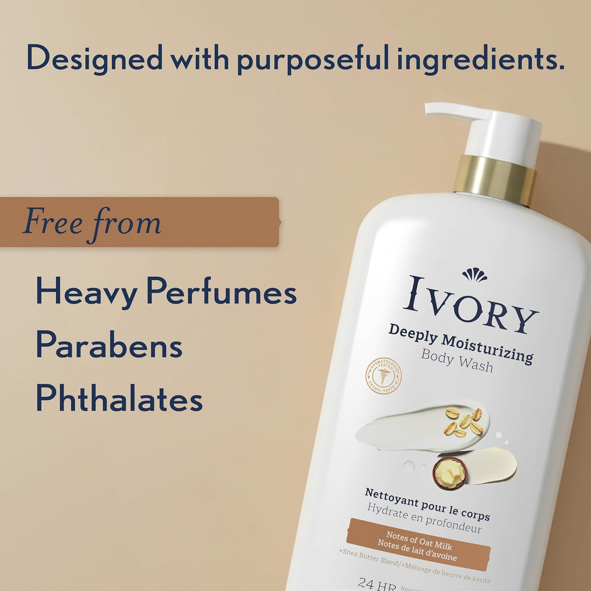 Ivory Deeply Moisturizing Body Wash, 24hr Nourishing Hydration, Soothes Itchy Dry Skin, Made with Shea Butter Blend, Free of Dyes Heavy Perfumes Parabens & Phthalates, Oatmilk Scent, 27 oz