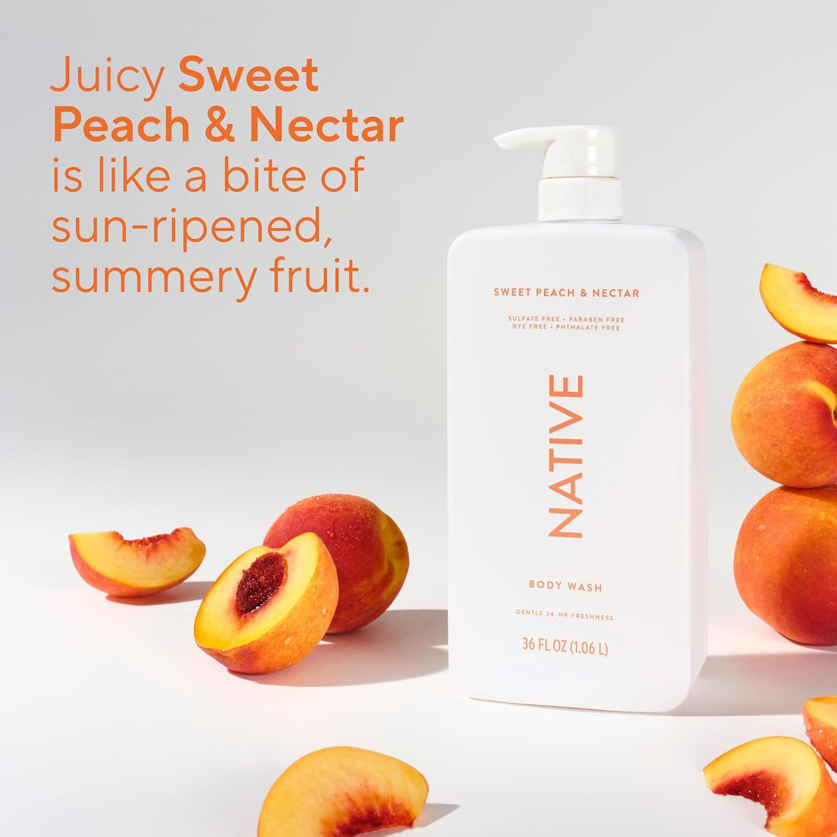 Native Clean Body Wash, Gentle & pH-balanced for Sensitive Skin, 24-Hr Freshness for Women & Men, Vegan & Cruelty-Free, Free of Sulfates, Parabens & Phthalates, Sweet Peach & Nectar, 36 oz