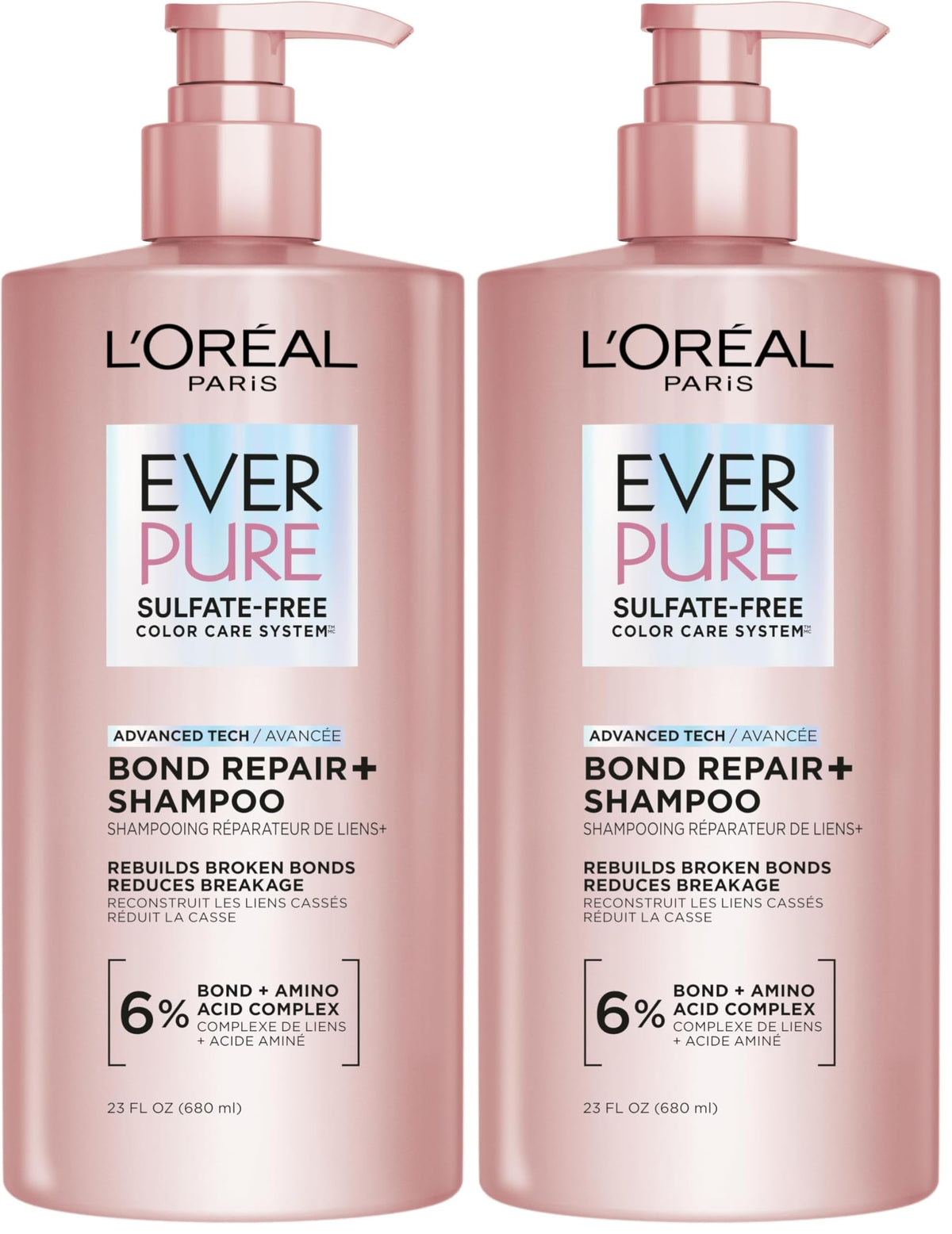 L'Oreal Paris Sulfate Free Bond Repair+ Shampoo, Hair Shampoo with Amino Acid Complex, Strengthens and Repairs Damaged or Color Treated Hair, EverPure, 23 Fl Oz (Packaging May Vary)