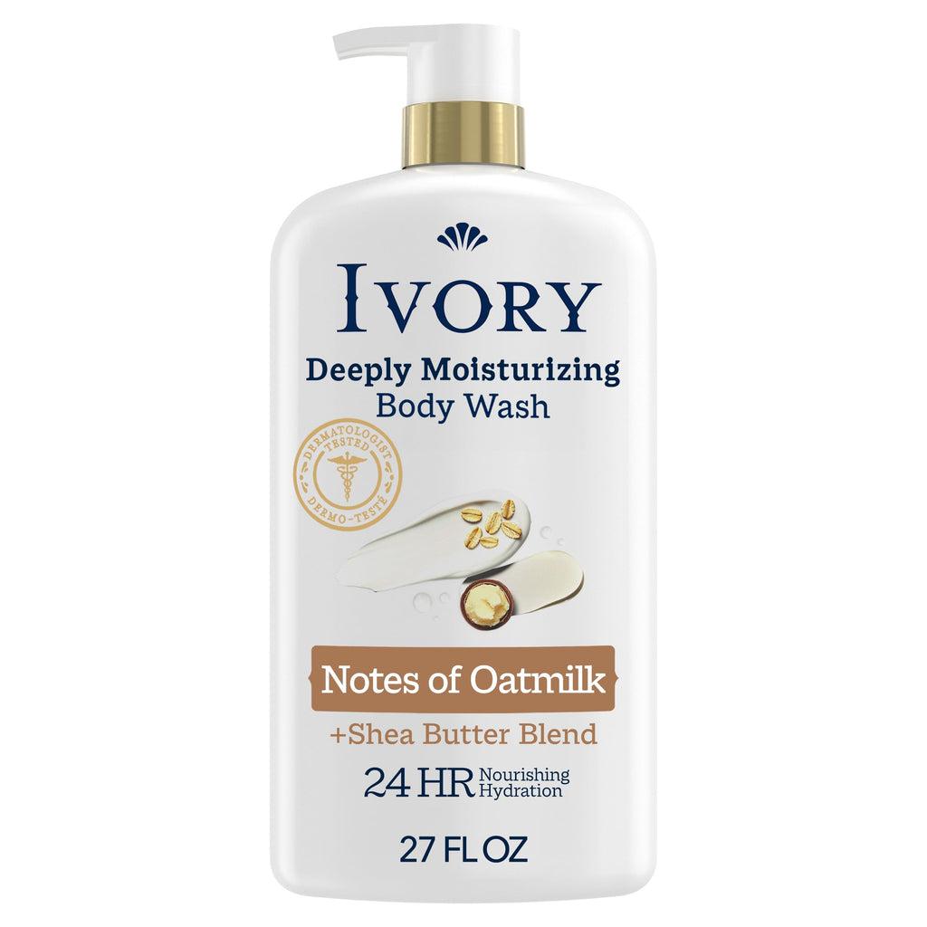 Ivory Deeply Moisturizing Body Wash, 24hr Nourishing Hydration, Soothes Itchy Dry Skin, Made with Shea Butter Blend, Free of Dyes Heavy Perfumes Parabens & Phthalates, Oatmilk Scent, 27 oz
