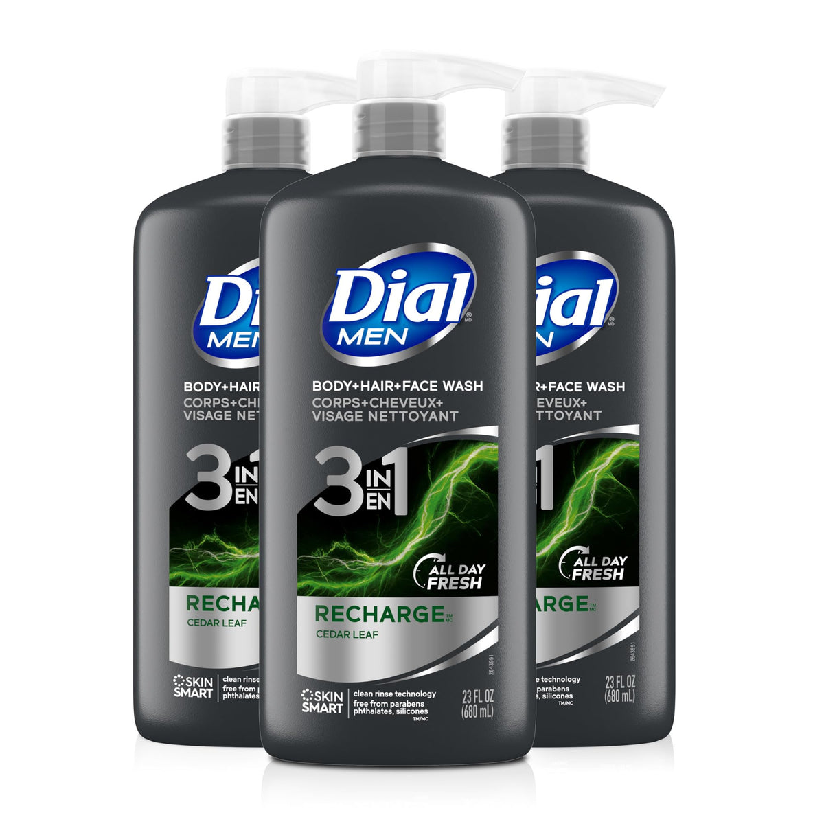 Dial Men 3-in-1 Body, Hair and Face Wash, Recharge, 23 Fl Oz, 3-Pack