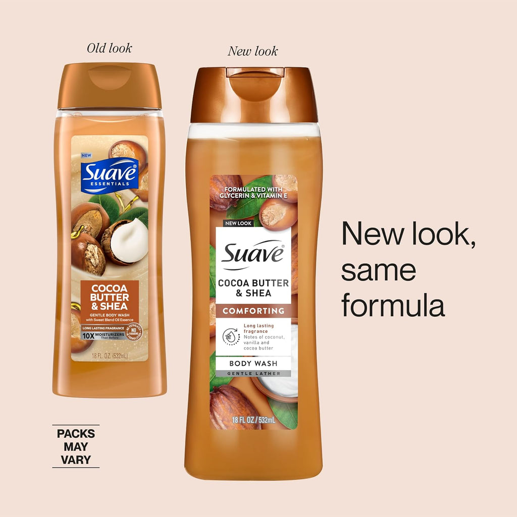 Suave Moisturizing Body Wash, Cocoa Butter and Shea with Vitamin E Extract, No Parabens, No Phtahaltes, 18 Oz Pack of 6