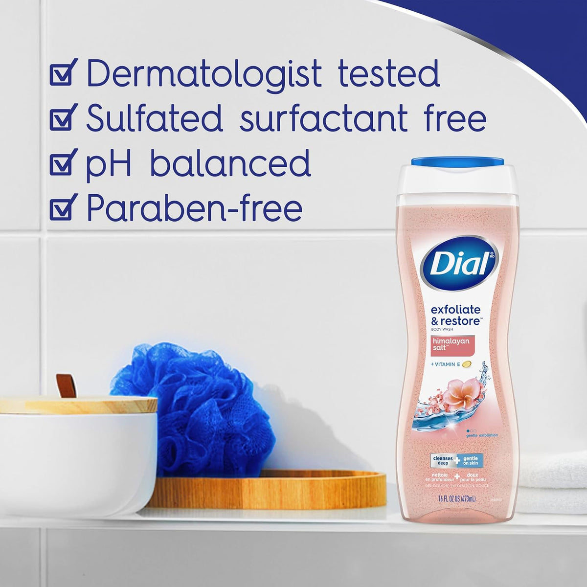 Dial Body Wash, Hydraclean Complex & Vitamin E, Gentle, Leaves Skin Feeling Nourished, Dermatologist-Tested, No Parabens & Sulfates, Exfoliate & Restore, Himalayan Salt, 16 Fl Oz (Pack of 4)