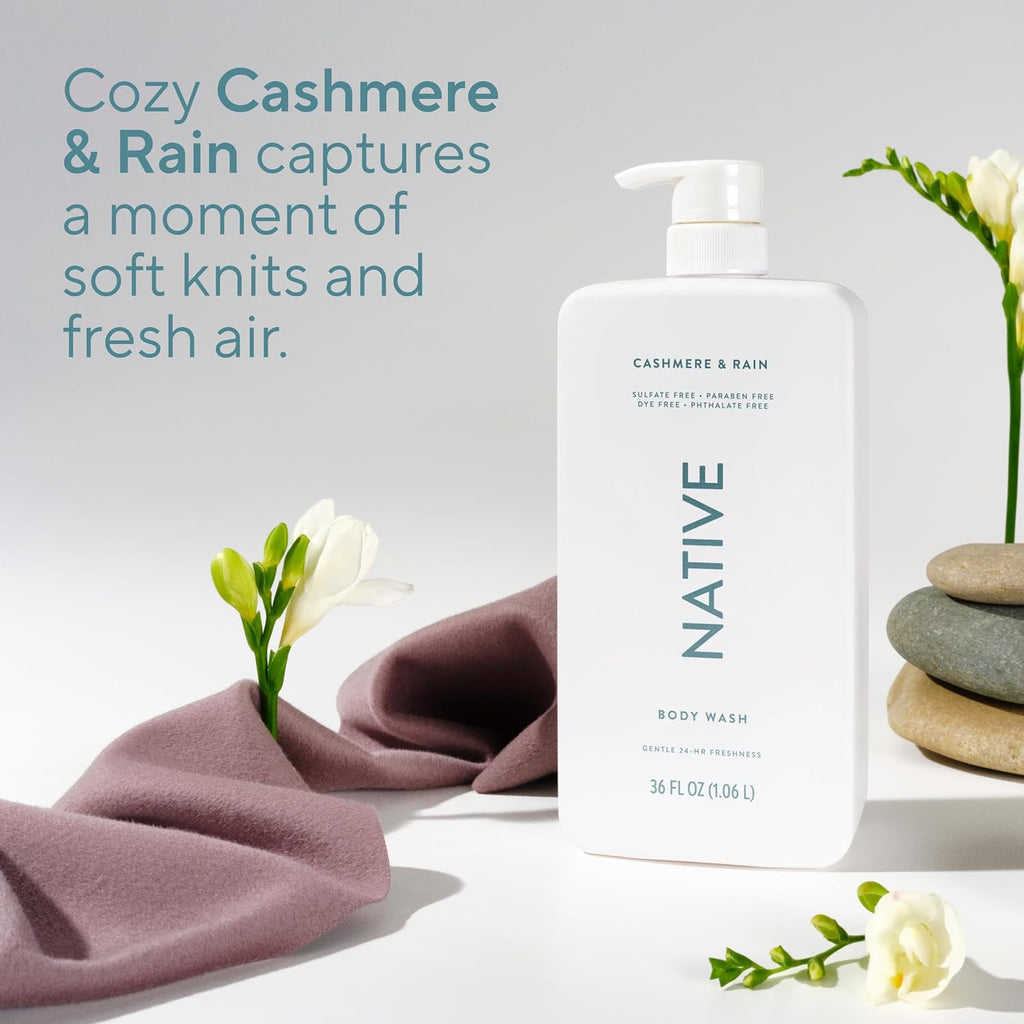Native Clean Body Wash, Gentle & pH-balanced for Sensitive Skin, 24-Hr Freshness for Women & Men, Vegan & Cruelty-Free, Free of Sulfates, Parabens & Phthalates, Cashmere & Rain, 36 oz