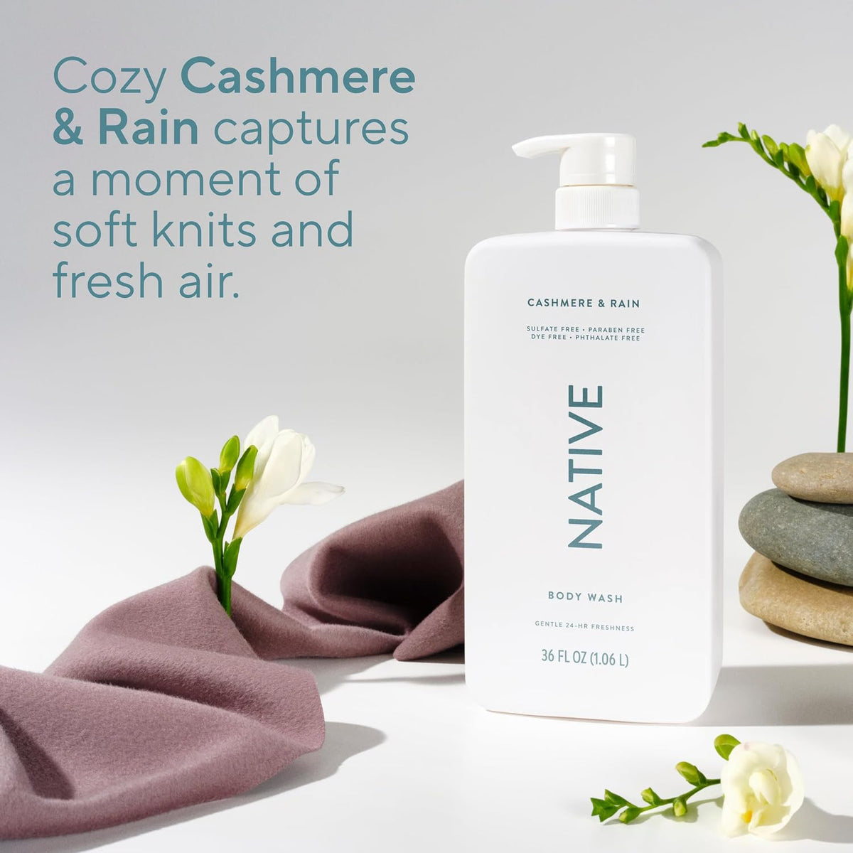 Native Clean Body Wash, Gentle & pH-balanced for Sensitive Skin, 24-Hr Freshness for Women & Men, Vegan & Cruelty-Free, Free of Sulfates, Parabens & Phthalates, Cashmere & Rain, 36 oz