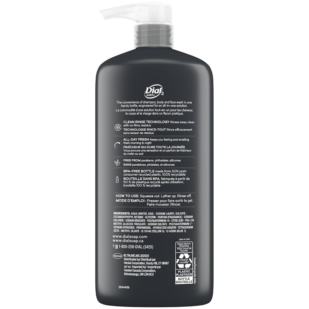 Dial Men 3-in-1 Body, Hair and Face Wash, Recharge, 23 Fl Oz, 3-Pack