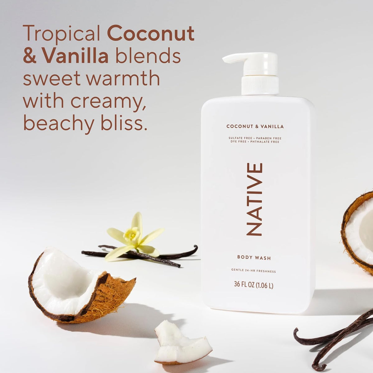 Native Clean Body Wash, Gentle & pH-balanced for Sensitive Skin, 24-Hr Freshness for Women & Men, Vegan & Cruelty-Free, Free of Sulfates, Parabens & Phthalates, Coconut & Vanilla, 36 oz