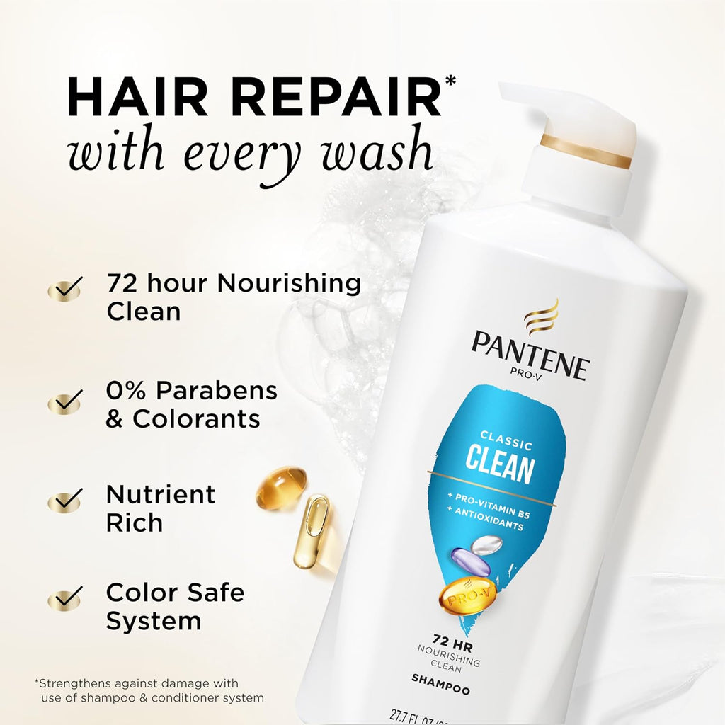 Pantene Shampoo, Classic Clean - Pro-V Nutrients for Dry, Color-Treated Hair, Healthy Looking Hair Every Wash, Antioxidant-Rich, 27.7 Fl Oz
