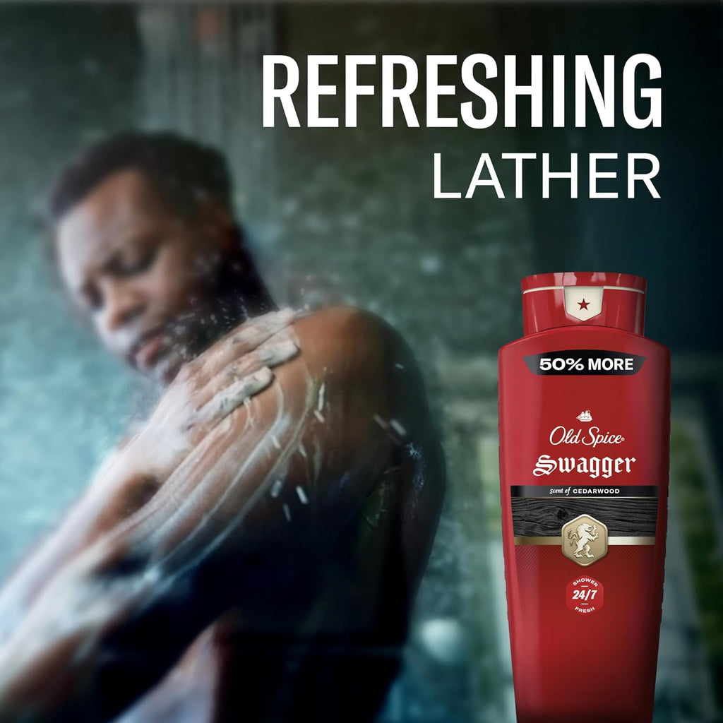 Old Spice Refreshing Body Wash for Men, 3X Defense, 24/7 Shower Fresh with Long Lasting Scent, Red Collection, Swagger with Cedarwood Scent, 24 oz (Pack of 2)