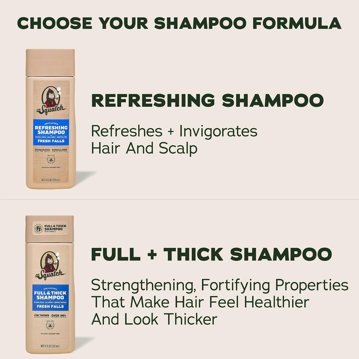 Dr. Squatch Full + Thick Men's Shampoo and Conditioner Set - For Fuller, Thicker-Looking Hair - Natural Shampoo and Conditioner for Men - Fresh Falls (11 fl oz, 2-Pack)