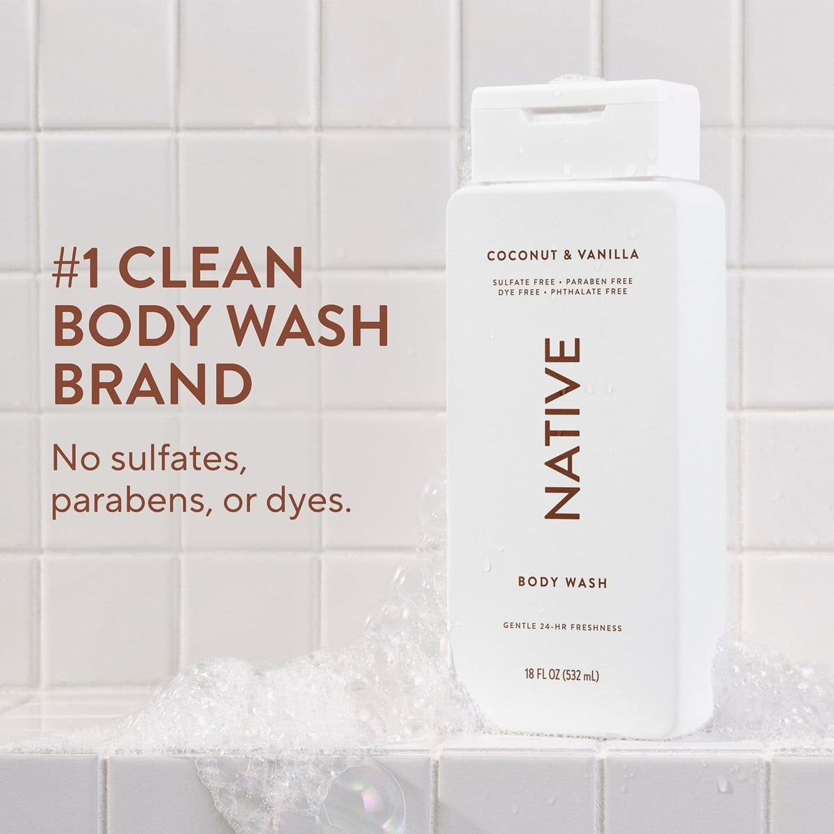 Native Clean Body Wash, Gentle & pH-balanced for Sensitive Skin, 24-Hr Freshness for Women & Men, Vegan & Cruelty-Free, Free of Sulfates, Parabens & Phthalates, Coconut & Vanilla, 18fl oz