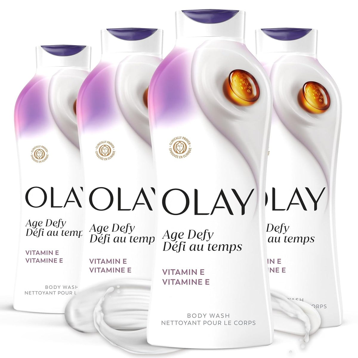 Olay Body Wash for Women, Age Defying with Vitamin E, 24hr Moisturizing, Hydrating & Refreshing, B3 Vitamin Complex, Free of Parabens & Phthalates, for All Skin Types, Scented, 22 fl oz (Pack of 4)