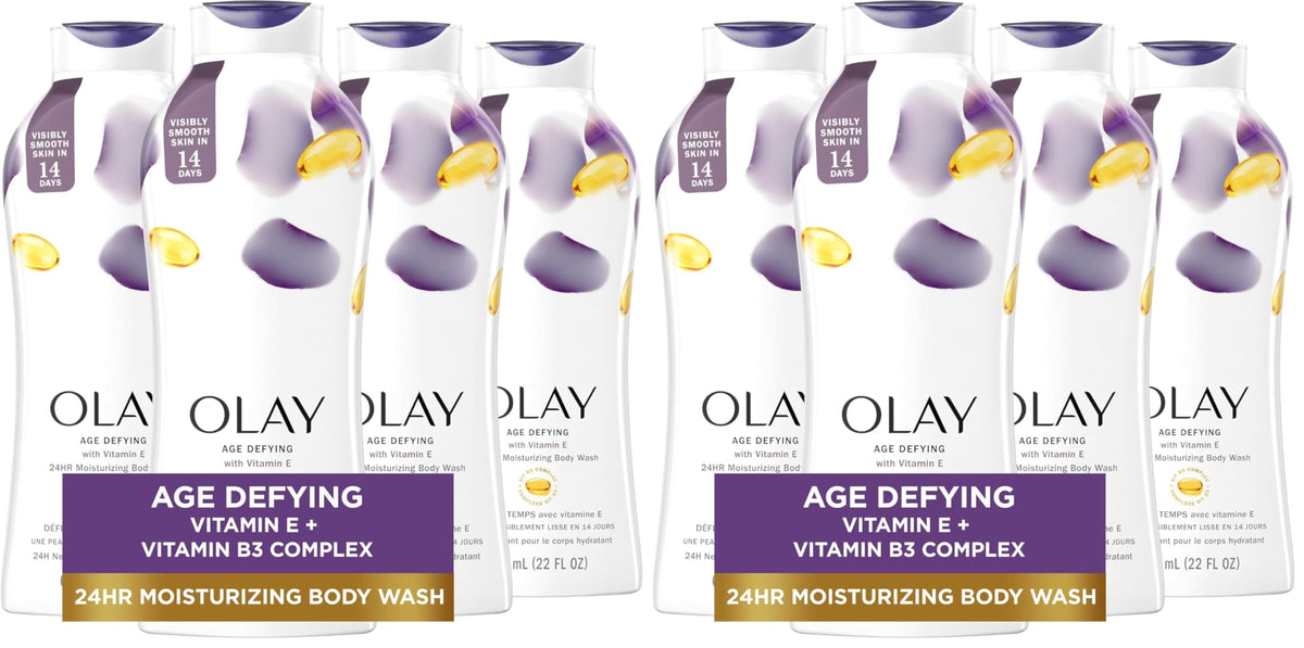 Olay Body Wash for Women, Age Defying with Vitamin E, 24hr Moisturizing, Hydrating & Refreshing, B3 Vitamin Complex, Free of Parabens & Phthalates, for All Skin Types, Scented, 22 fl oz (Pack of 4)