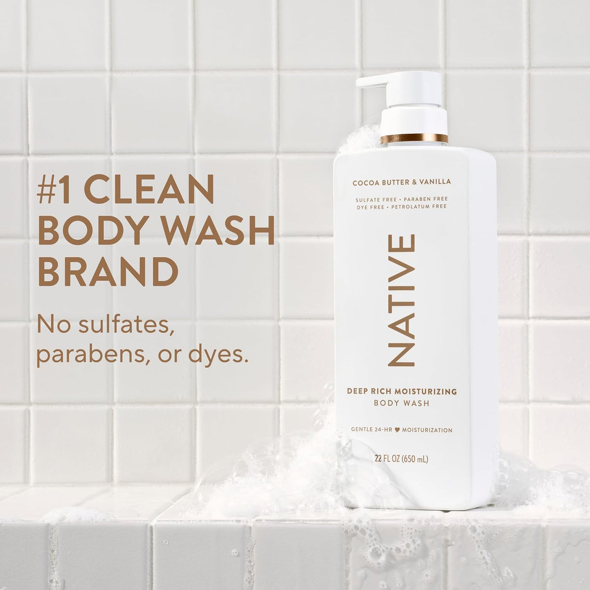 Native Moisturizing Body Wash, Clean & Gentle 24-Hour Hydration with Shea Butter, for Sensitive and Dry Skin, for Women & Men, Sulfate-free, Paraben-free, Cocoa Butter & Vanilla, 22 fl oz