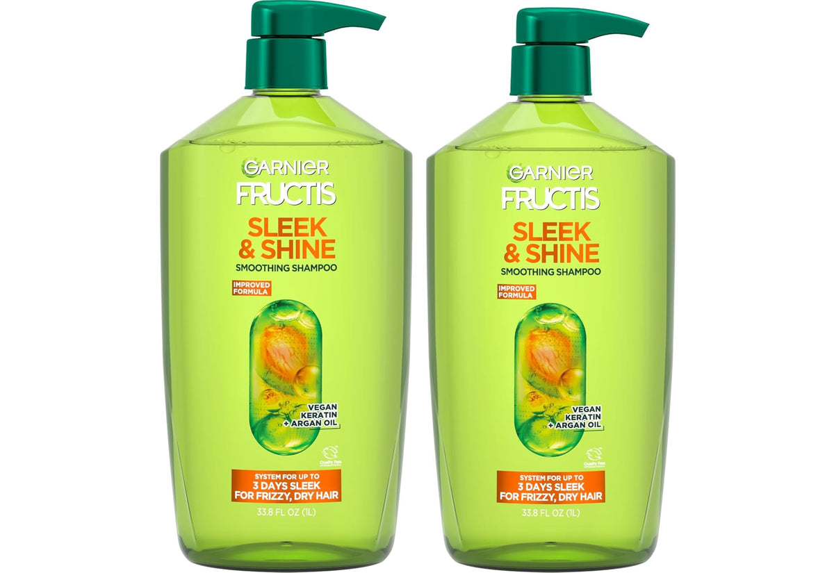 Garnier Fructis Sleek & Shine Shampoo, Smoothing Shampoo for Frizzy, Dry Hair with Argan Oil and Vegan Keratin, 33.8 Fl Oz (Packaging May Vary)
