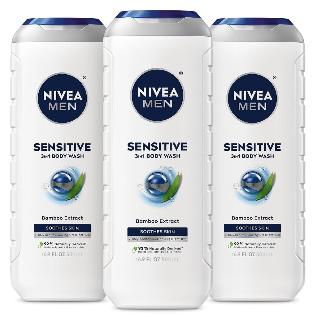 NIVEA MEN Sensitive 3-in-1 Body Wash, Mulitpack, 3 x 16.9 FL OZ
