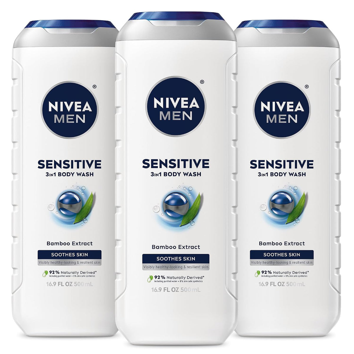 NIVEA MEN Sensitive 3-in-1 Body Wash, Mulitpack, 3 x 16.9 FL OZ