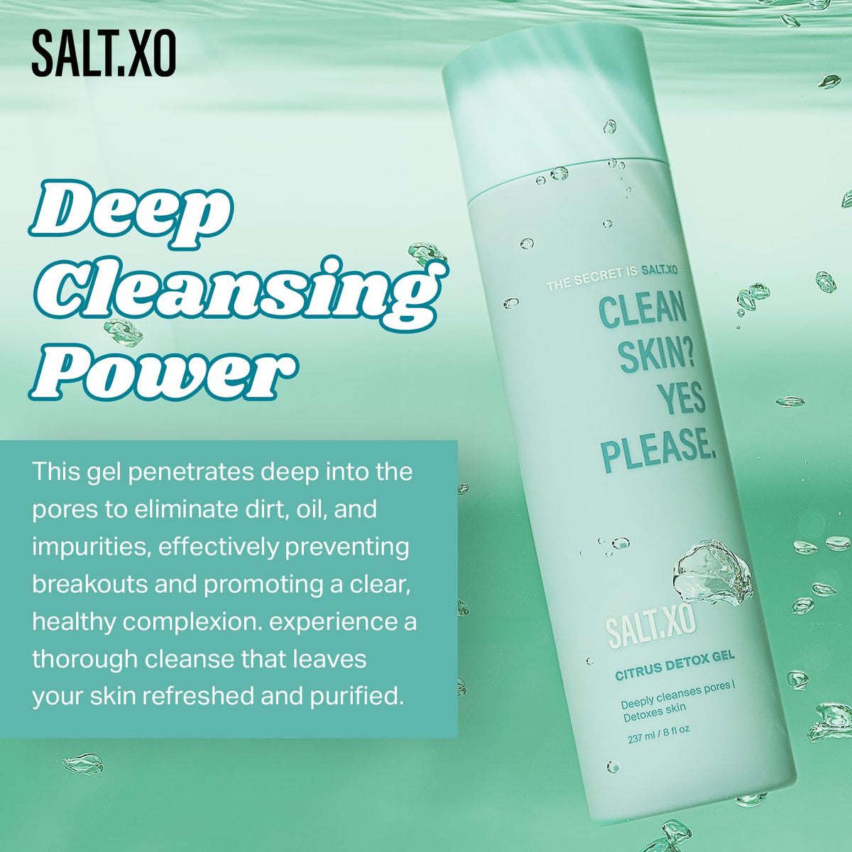 salt.xo Citrus Detox Gel Shower Gel, Deep Cleansing Body and Face Cleanser, pH Balancing Shower Gel for Fight Acne, Unclog Pores, Cruelty and Paraben-Free Body Wash Gel (8 Fl Oz)