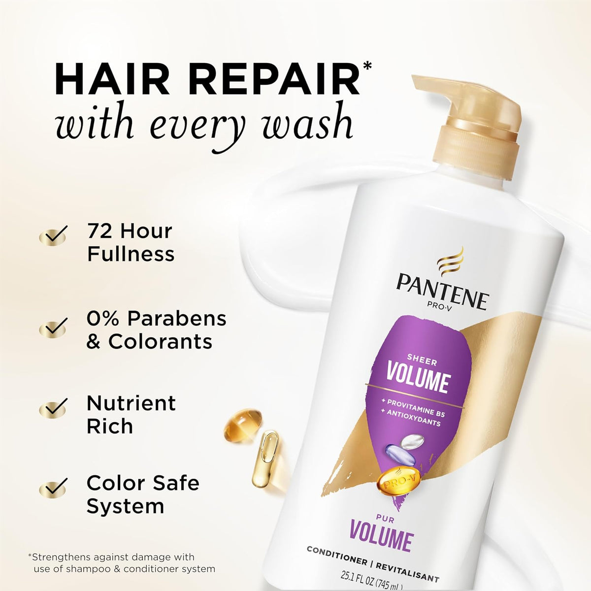 Pantene Conditioner, Sheer Volume - 72-Hour Fullness, Lightweight Nourishment with Pro-Vitamin B5 + Antioxidants, Fine, Thin, Color-Treated Hair, Paraben Free, Strengthens Bonds, 25.1 Fl Oz