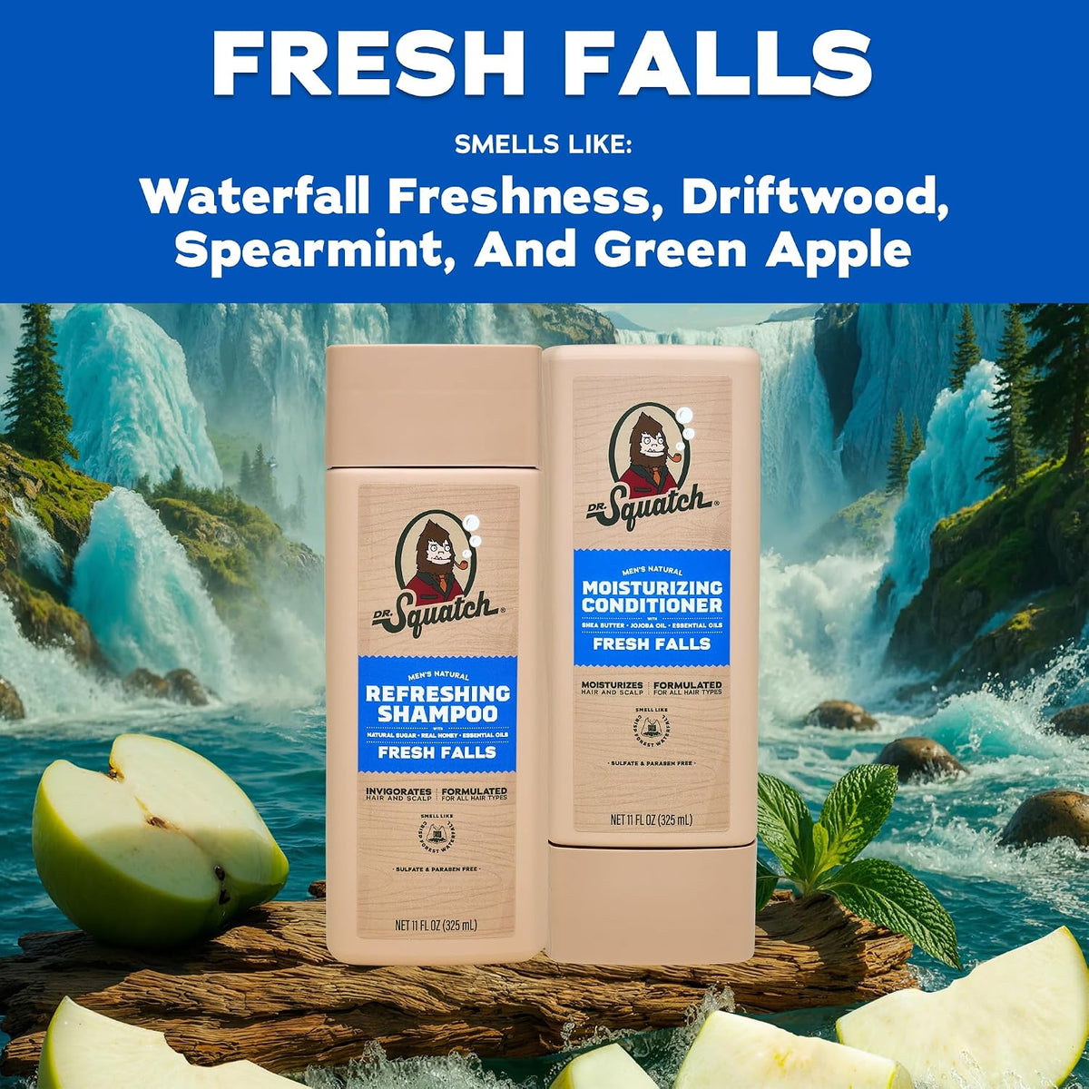 Dr. Squatch Men's Natural Shampoo and Conditioner Set – Sulfate & Paraben Free Natural Shampoo and Conditioner for Men – Scalp Nourishing Formula – Fresh Falls (11 fl oz, 2-Pack)