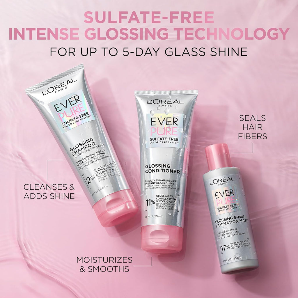 L’Oreal Paris Sulfate Free Glossing Conditioner with Glycolic Acid, Provides Intense Glass Hair Shine, Smoothness & Soft Feel, Suitable for Dull, Dry, and Color-Treated Hair, EverPure, 6.8 Fl Oz