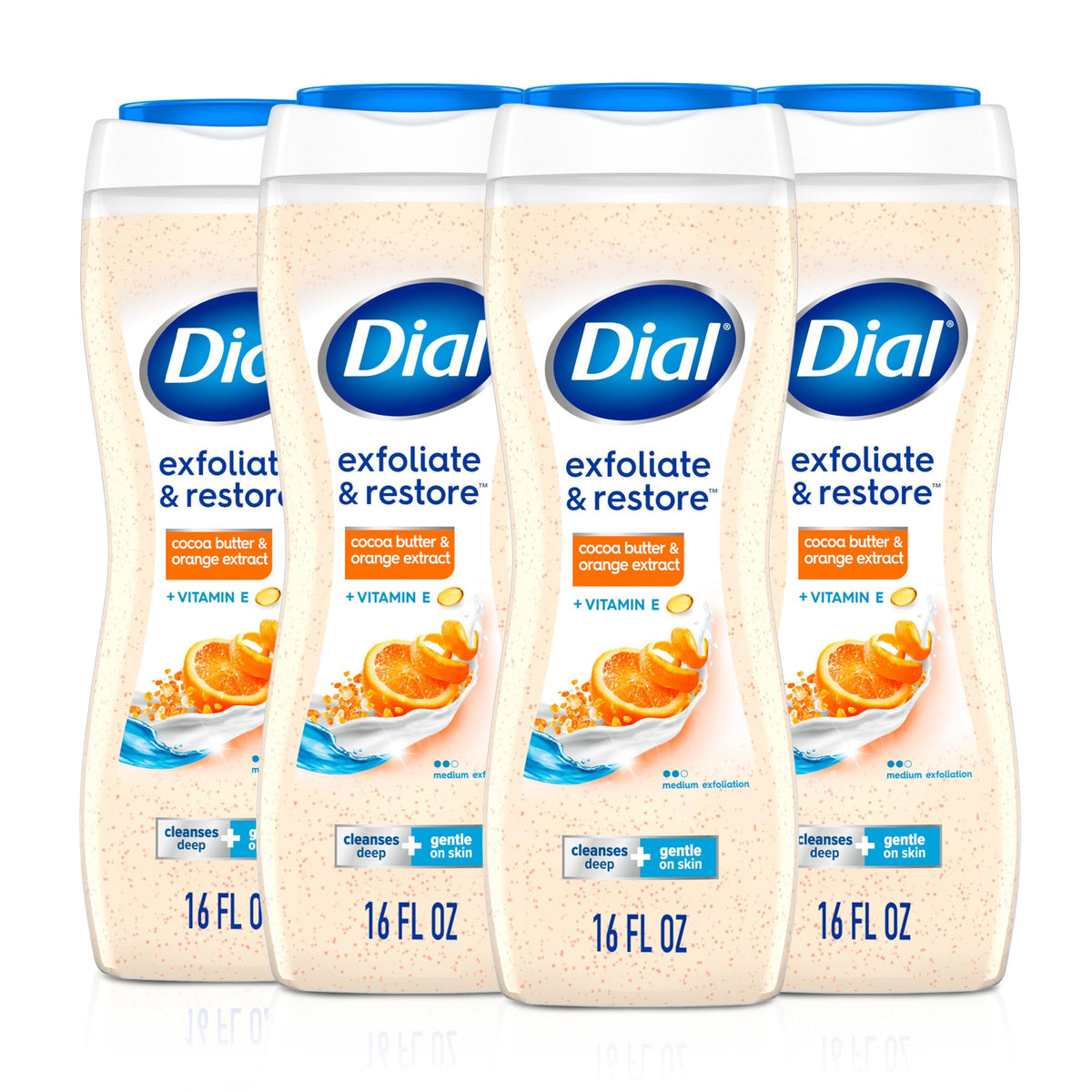 Dial Body Wash, Hydraclean Complex & Vitamin E, Gentle, Leaves Skin Feeling Nourished, Dermatologist-Tested, No Parabens & Sulfates, Exfoliate & Restore, Himalayan Salt, 16 Fl Oz (Pack of 4)