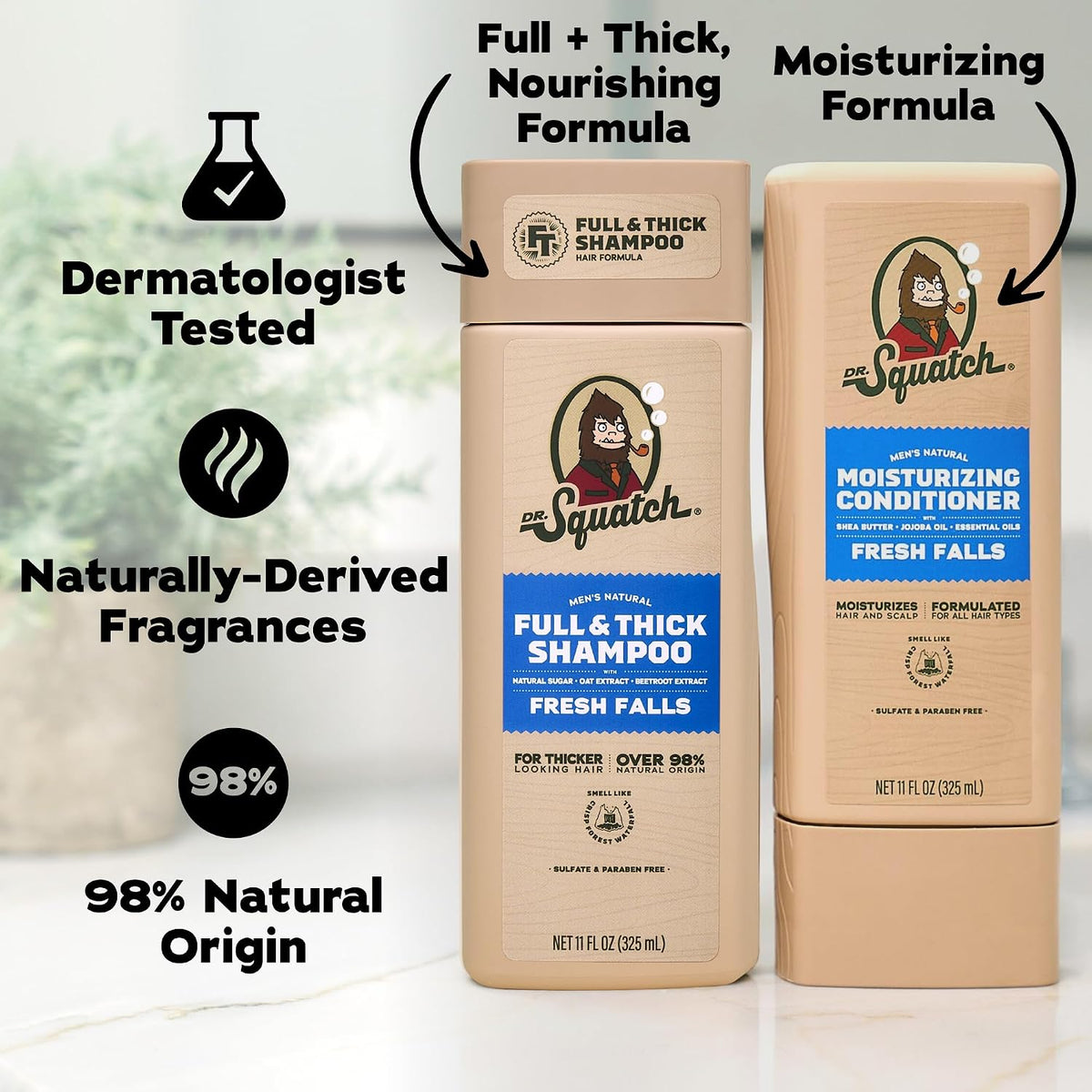 Dr. Squatch Full + Thick Men's Shampoo and Conditioner Set - For Fuller, Thicker-Looking Hair - Natural Shampoo and Conditioner for Men - Fresh Falls (11 fl oz, 2-Pack)